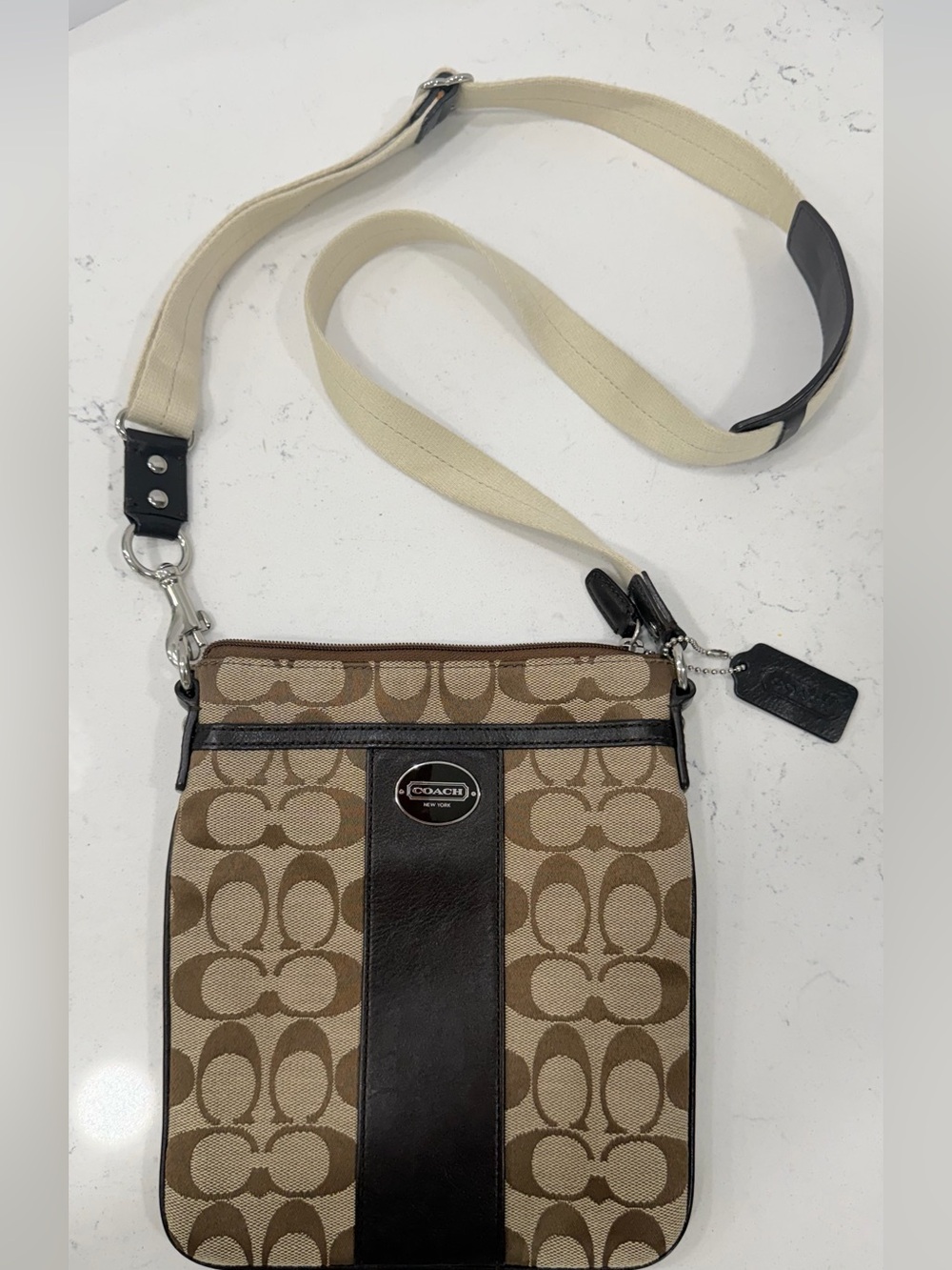 Coach Brown Signature Canvas Messenger with Dark Brown Leather Stripe